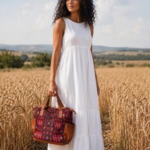 Nena & Co. Brown Leather-Trim Tote with Multicolor Geometric Weave